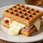 Croque-gaufre façon raclette doré fromage coulant jambon poitrine fumée planche bois