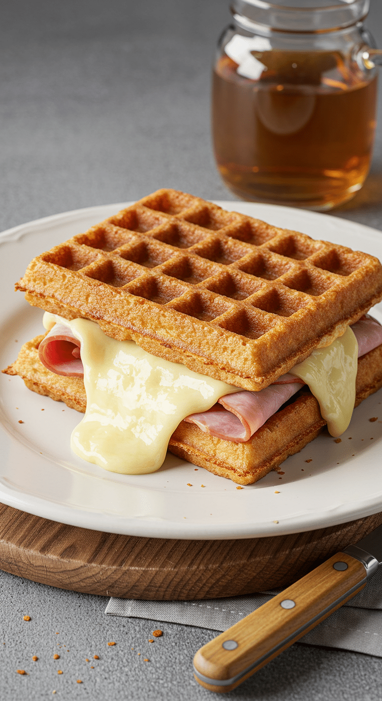 Croque-gaufre façon raclette doré fromage coulant jambon poitrine fumée planche bois