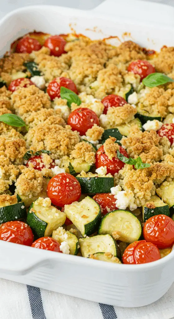Crumble salé aux tomates courgettes basilic et chèvre doré au four
