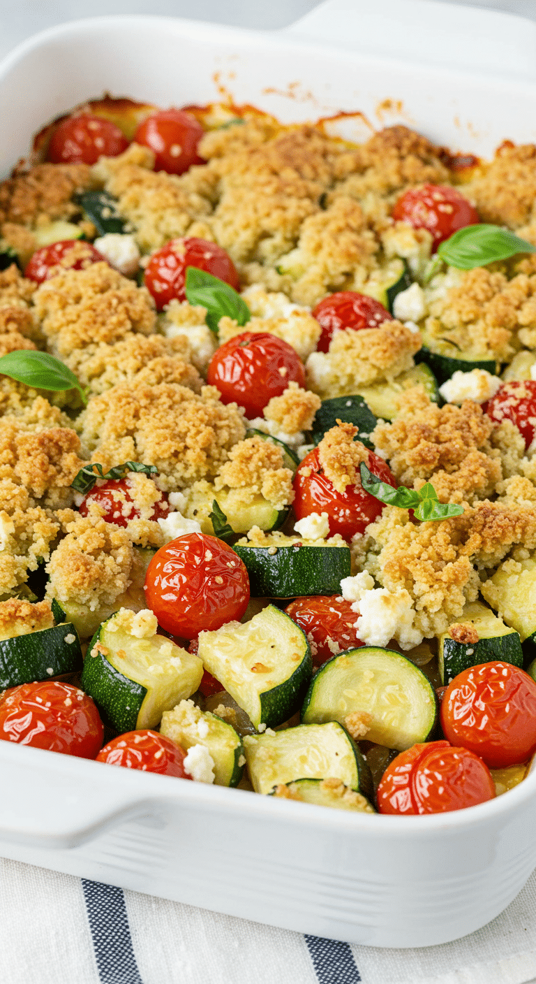 Crumble salé aux tomates courgettes basilic et chèvre doré au four