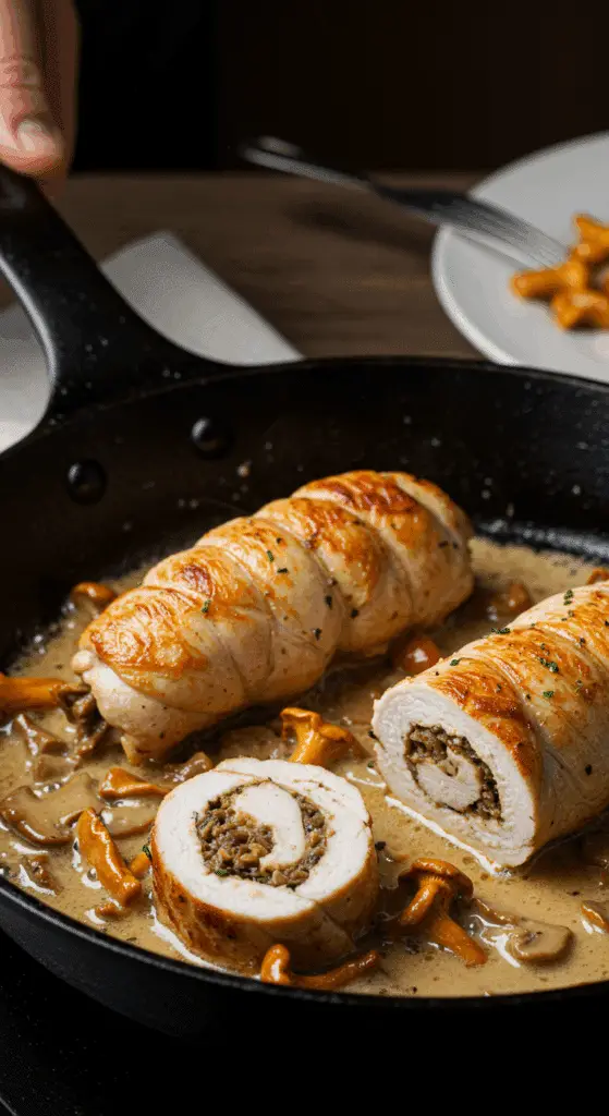 Cuisson des roulades de poulet aux girolles dans une poêle beurrée