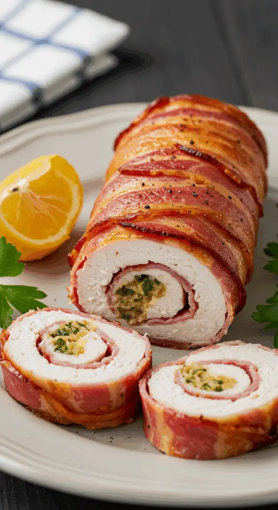 Cuisson des roulés de poulet au lard dans poêle en fonte