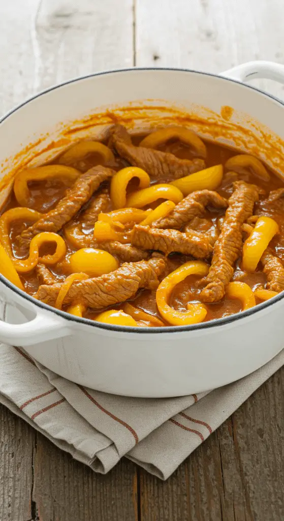 Émincé aux poivrons dans cocotte en fonte avec purée de pommes de terre