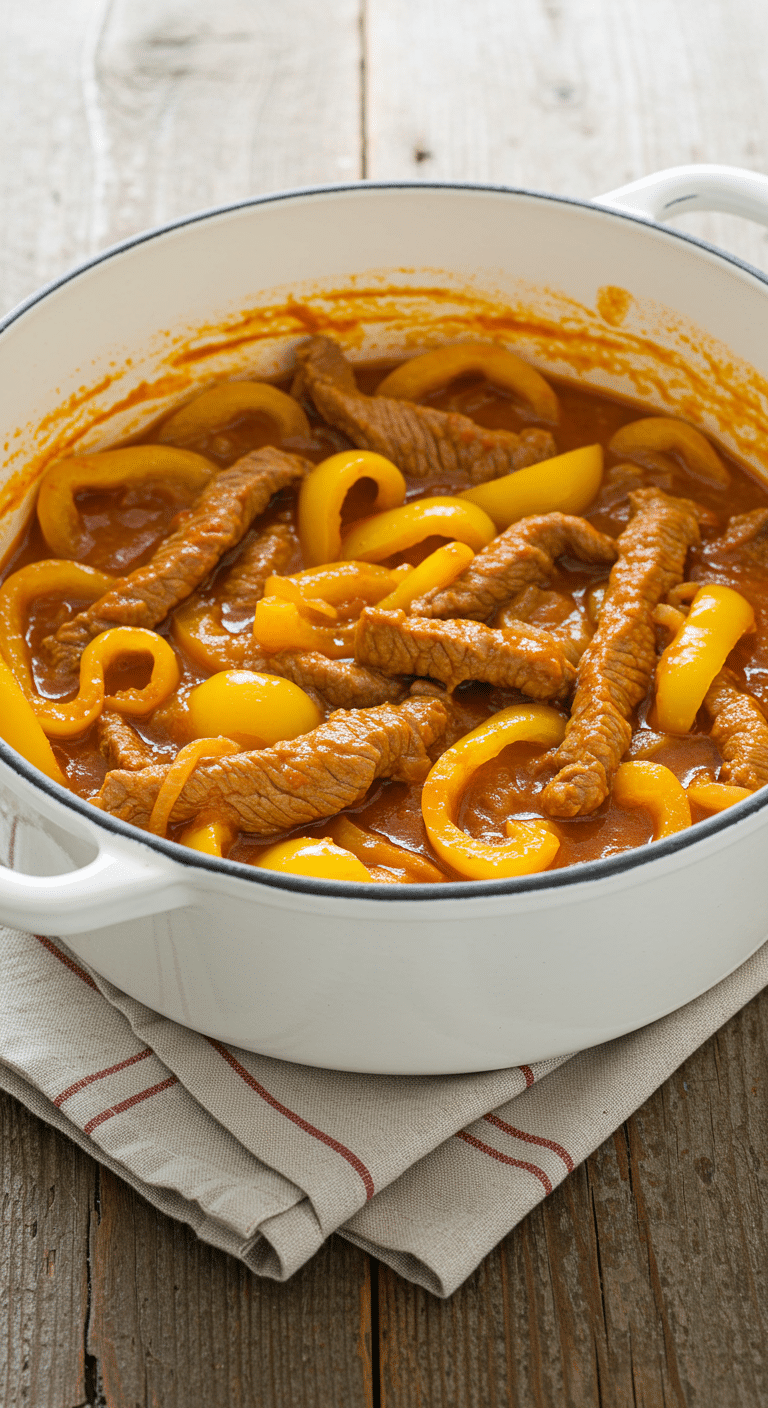 Émincé aux poivrons dans cocotte en fonte avec purée de pommes de terre