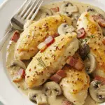Émincés poulet moutarde lardons sauce crémeuse poêle fonte persil frais