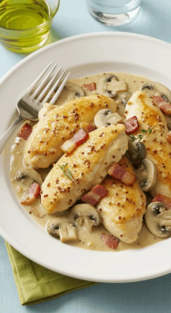 Émincés poulet moutarde lardons sauce crémeuse poêle fonte persil frais