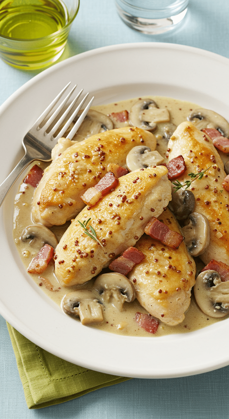 Émincés poulet moutarde lardons sauce crémeuse poêle fonte persil frais