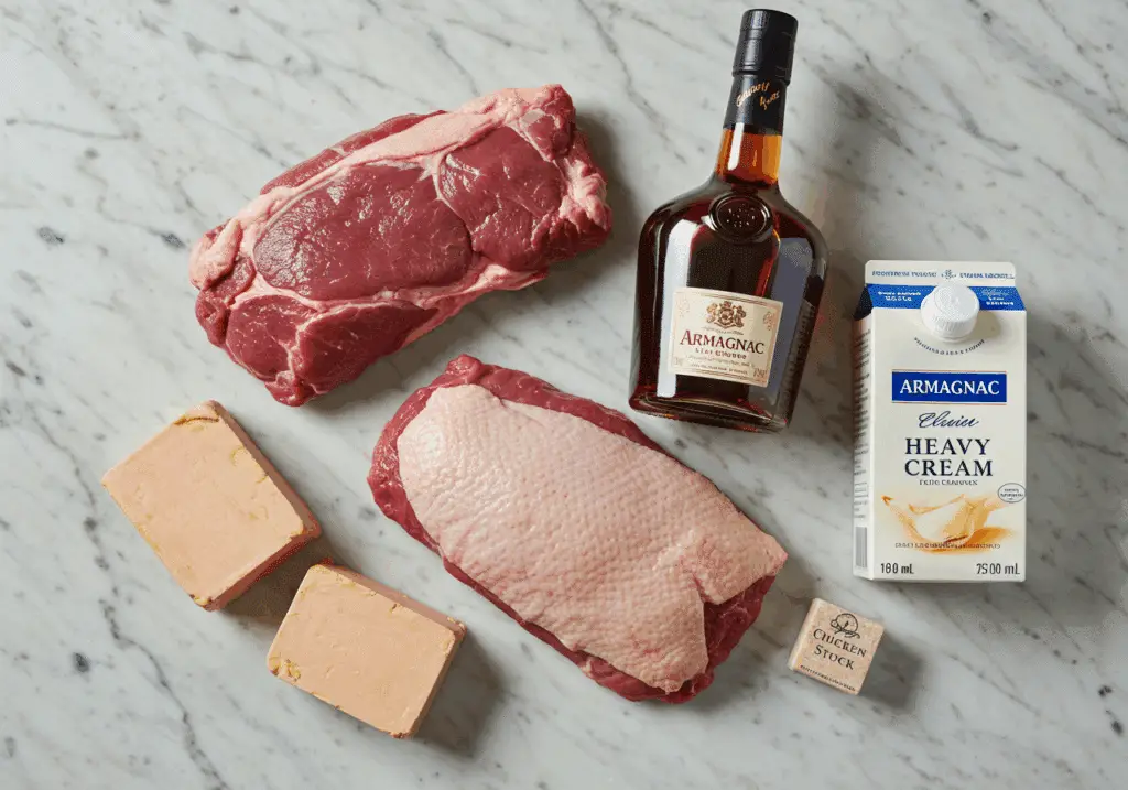 Ingrédients magret canard foie gras armagnac crème disposés marbre