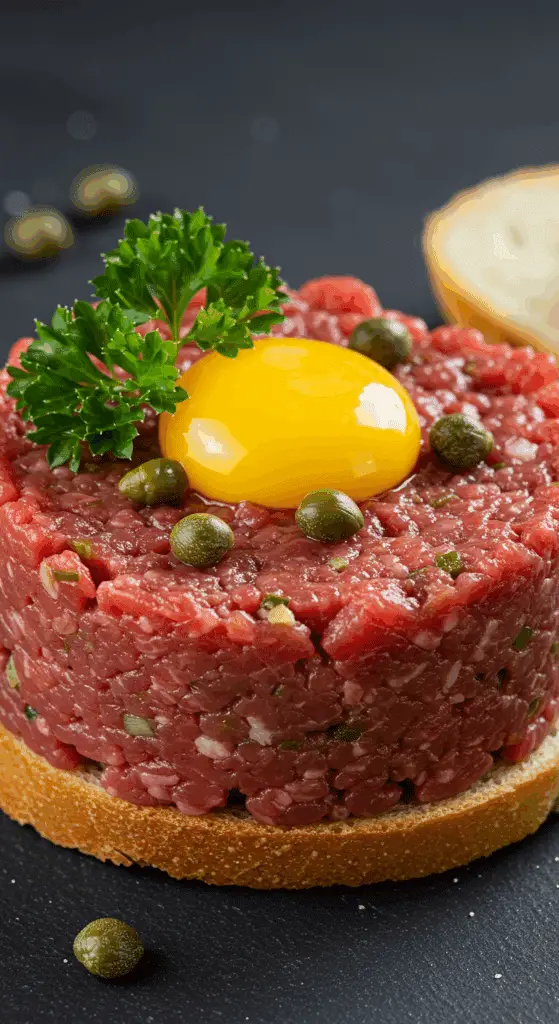 Filet américain traditionnel servi sur pain artisanal avec garnitures
