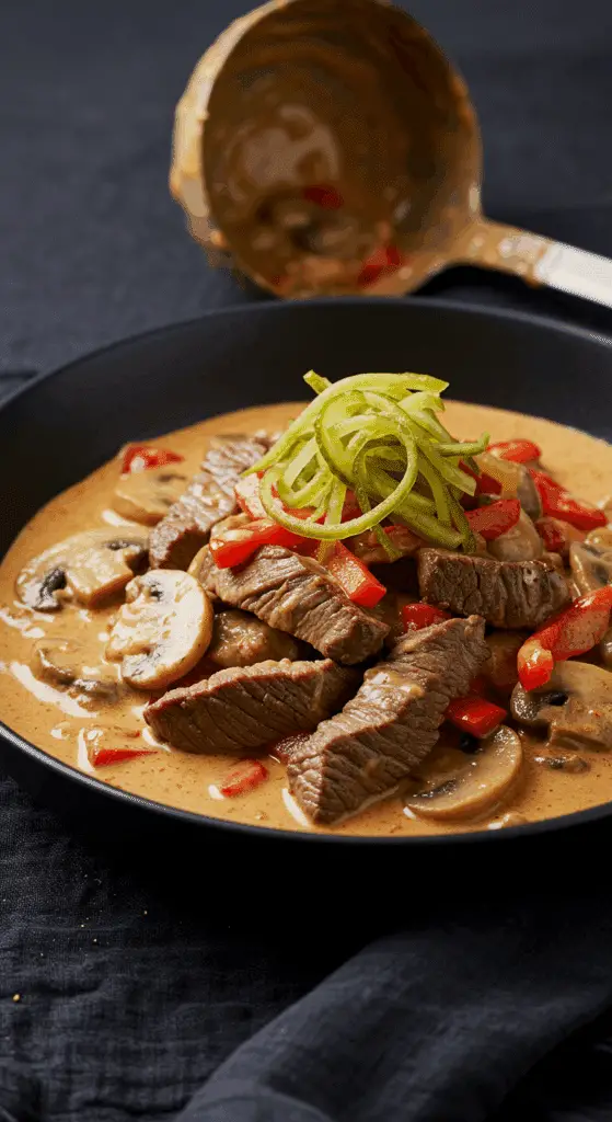 Filet de bœuf Stroganov élégamment dressé sur assiettes blanches avec sauce crémeuse