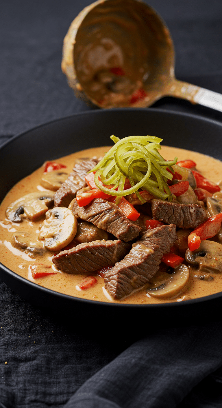 Filet de bœuf Stroganov élégamment dressé sur assiettes blanches avec sauce crémeuse