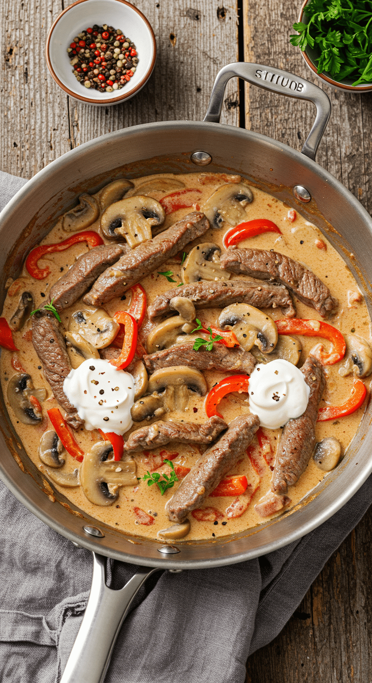 Filet de bœuf Stroganov élégamment dressé sur assiettes blanches avec sauce crémeuse