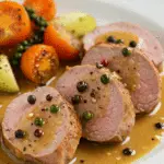 Filet mignon de porc au poivre et au madère dans sauce crémeuse sur assiette