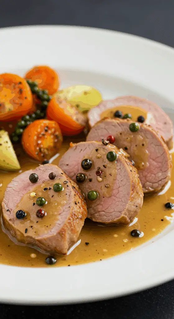 Filet mignon de porc au poivre et au madère dans sauce crémeuse sur assiette