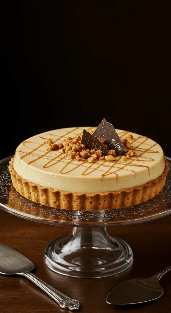 Flan Dulcey vanille praliné complet sur présentoir élégant