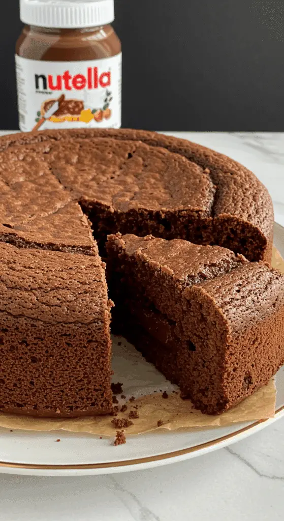 Gâteau moelleux Nutella cœur fondant tranche poudre sucre assiette blanche