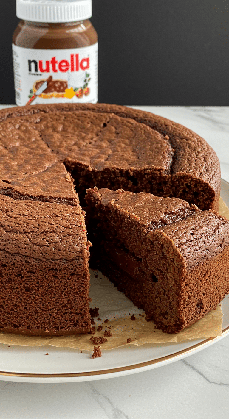 Gâteau moelleux Nutella cœur fondant tranche poudre sucre assiette blanche