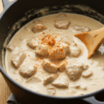 Goulache à la crème dans cocotte en fonte avec purée de pommes de terre