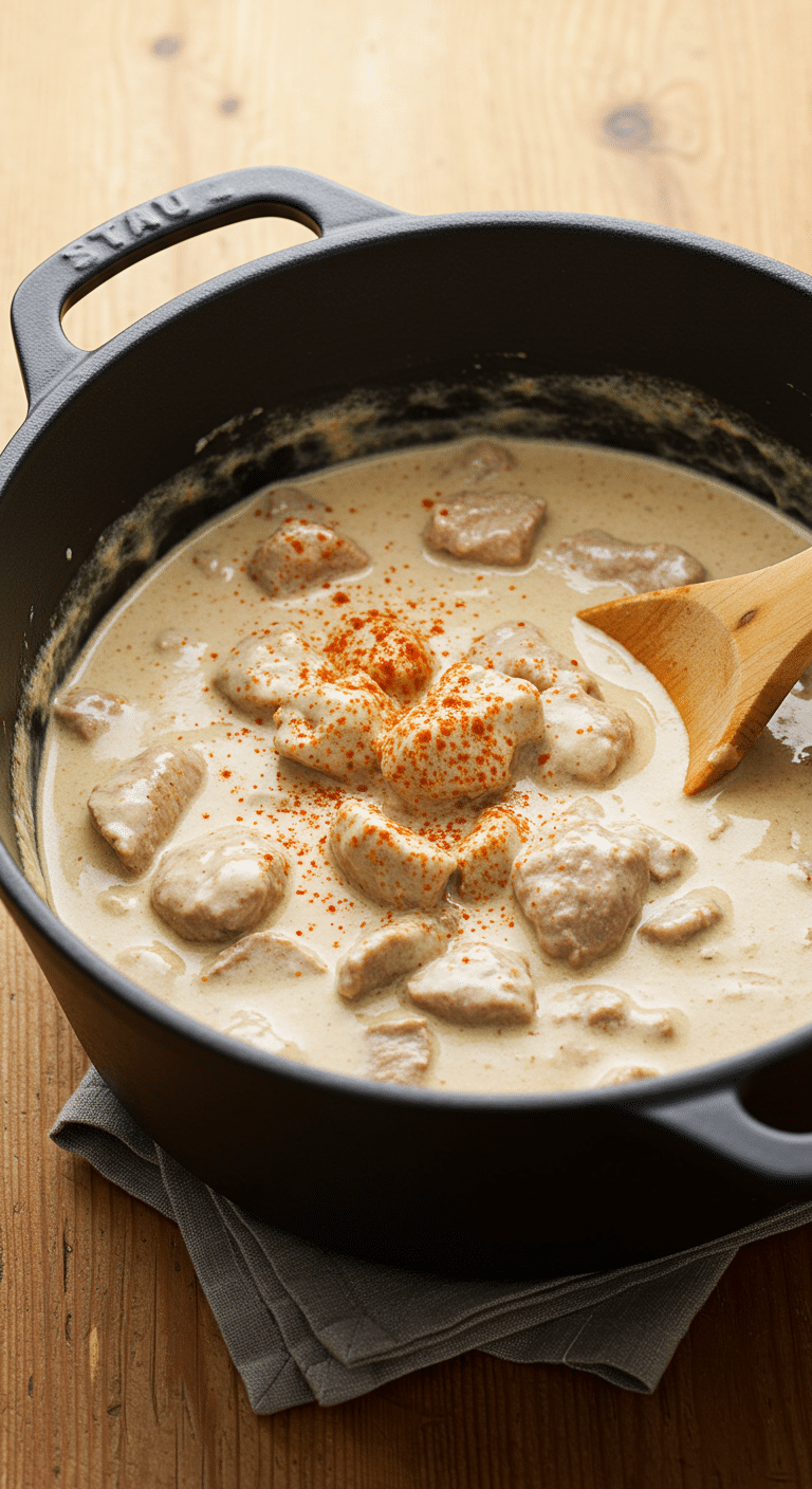 Goulache à la crème dans cocotte en fonte avec purée de pommes de terre
