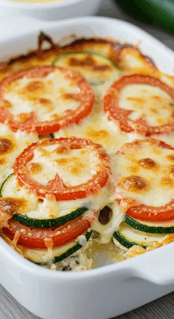 Gratin courgettes tomates doré plat céramique fromage fondu légumes colorés