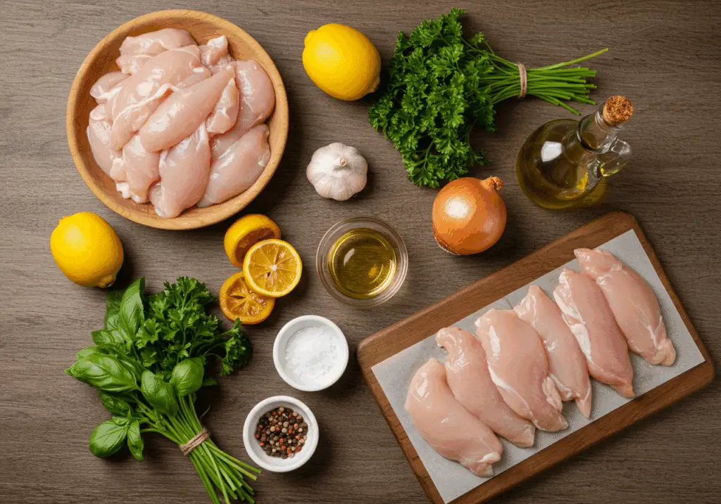Ingrédients aiguillettes poulet citron confit disposés sur table bois rustique