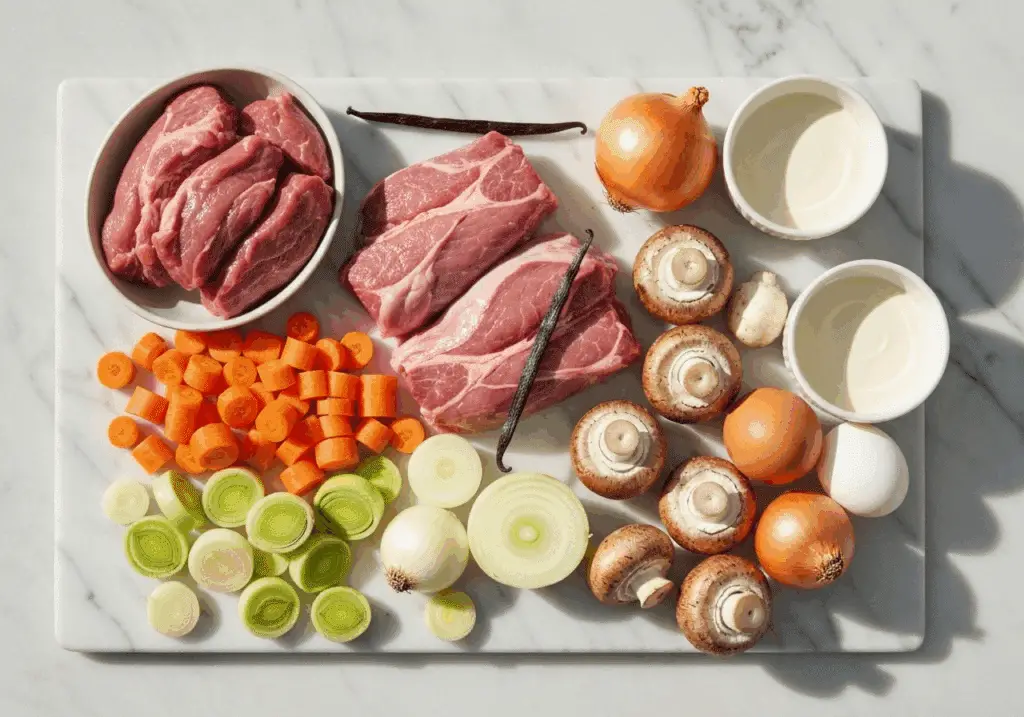 Ingrédients pour blanquette de veau à la vanille disposés sur marbre
