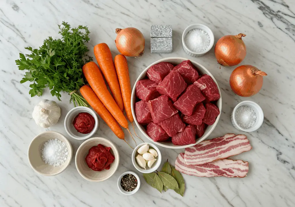 Ingrédients frais pour bœuf braisé aux carottes sur plan de travail