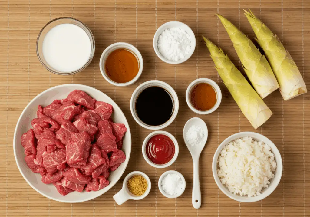 Ingrédients bœuf sauté riz coco lait coco pousses bambou sauce soja miel fécule
