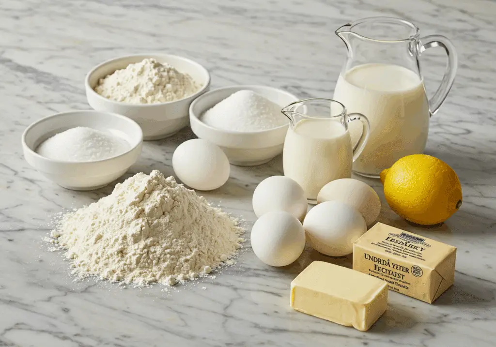Ingrédients frais brioche crème pâtissière sur plan marbre