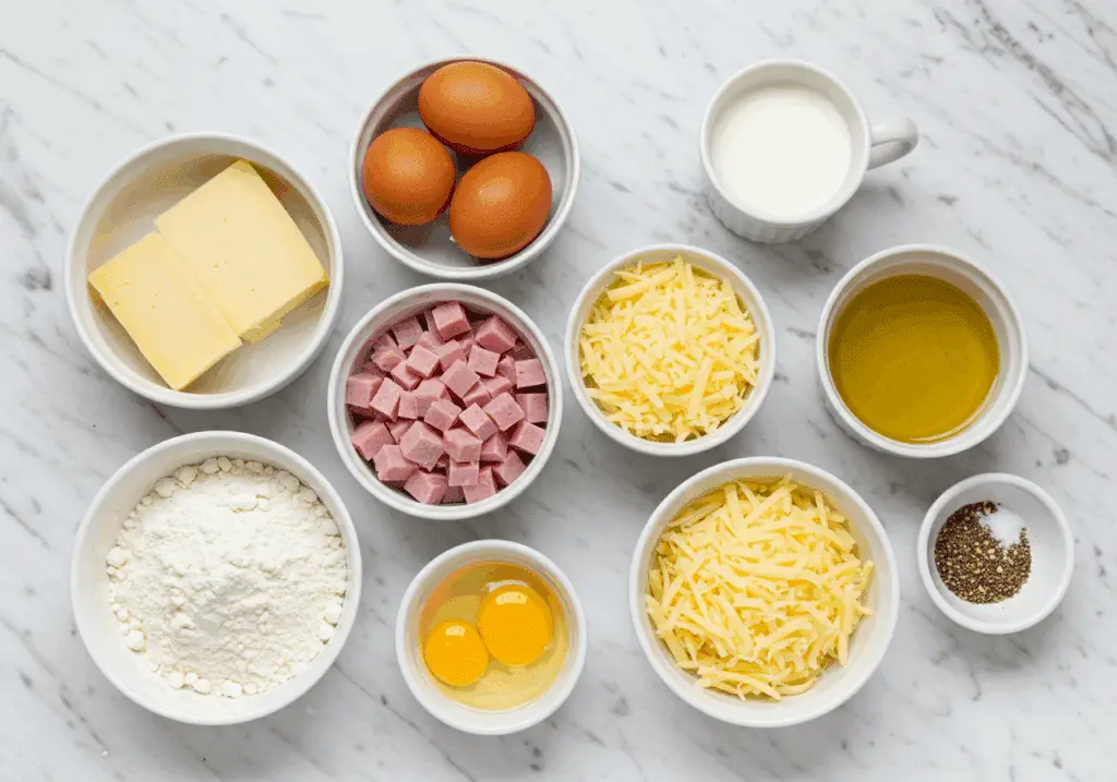 Ingrédients cake salé Boursin œufs farine fromage jambon disposés sur marbre