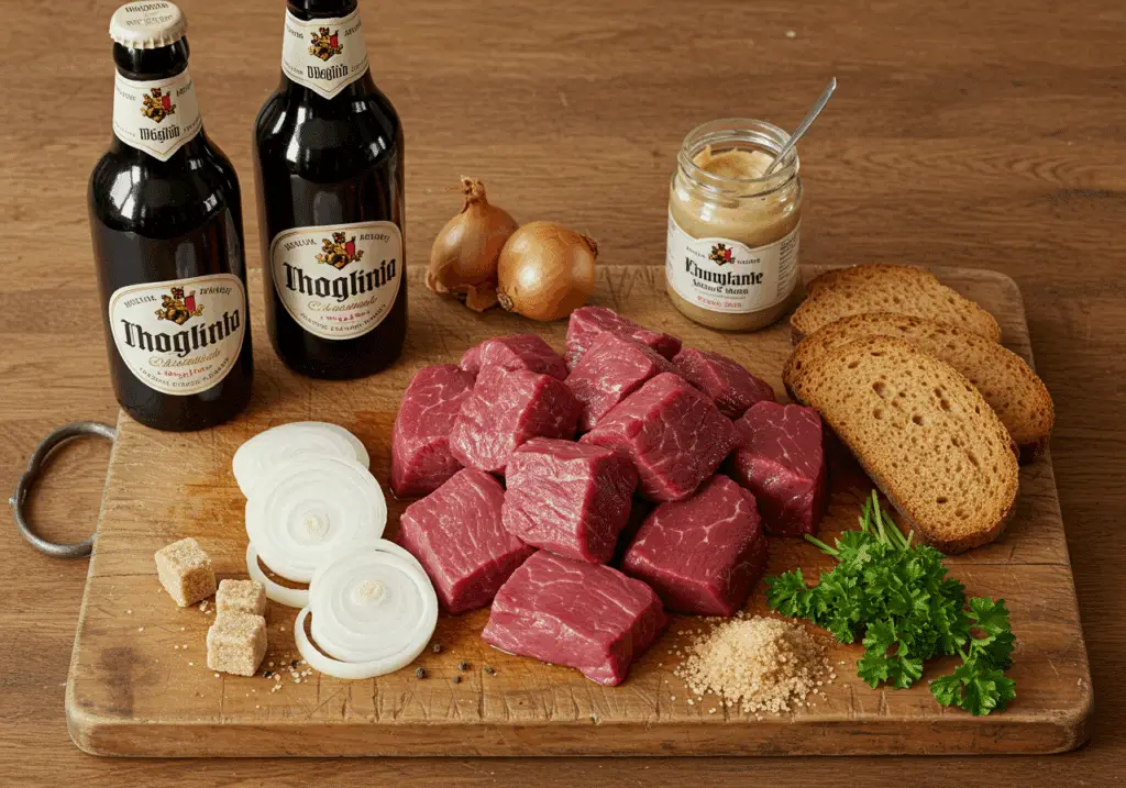 Ingrédients authentiques pour carbonade flamande avec bière belge