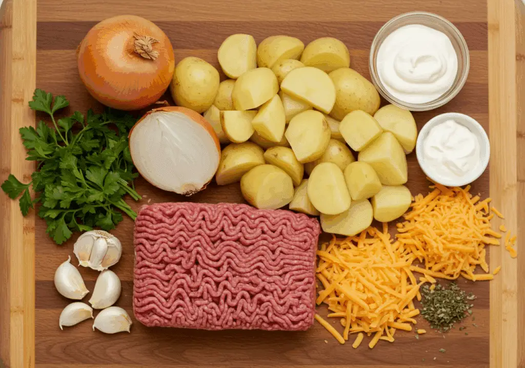 Ingrédients casserole pommes terre bœuf haché crème fromage râpé disposés planche bois