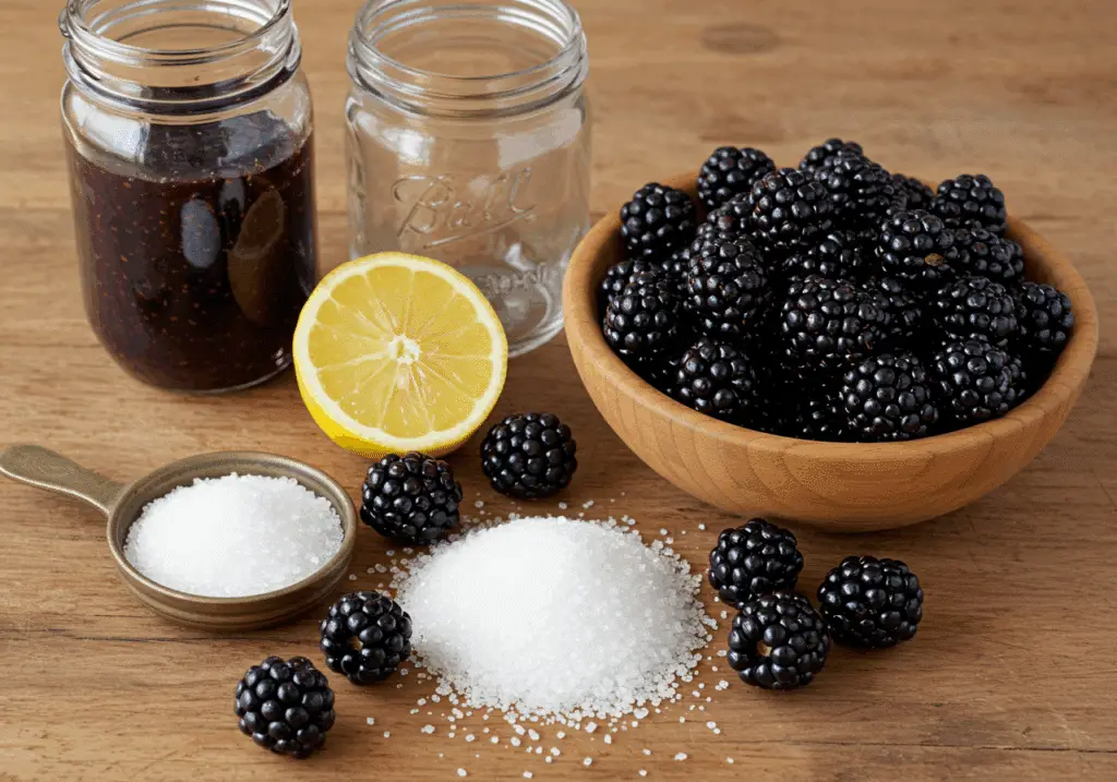 Ingrédients confiture mûres mûres fraîches sucre citron pots verre bois rustique