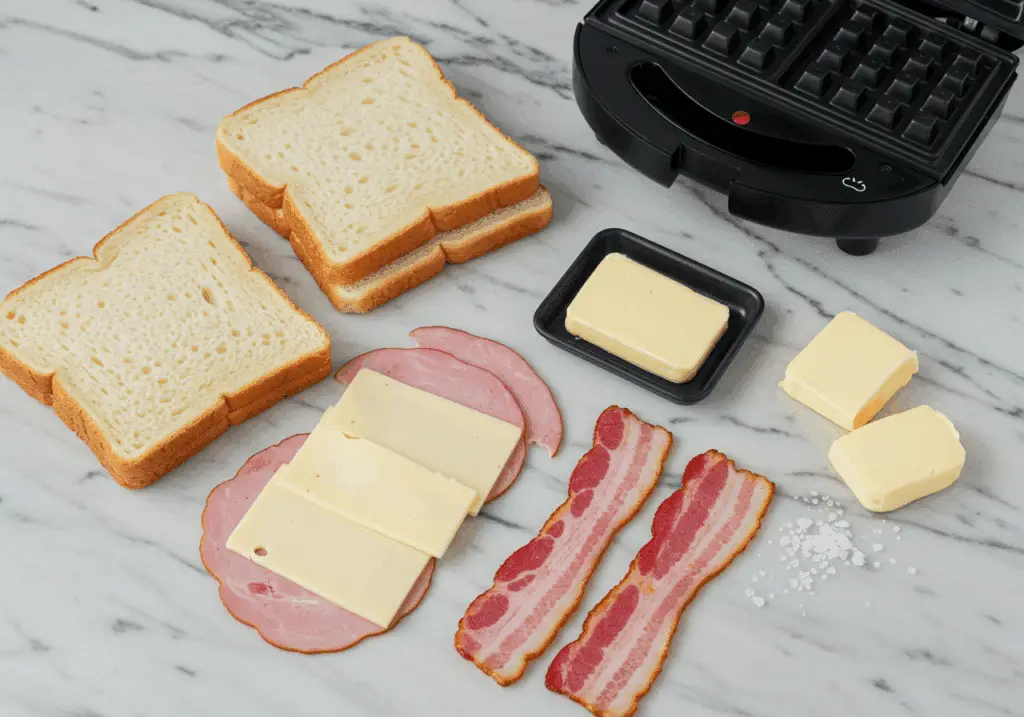 Ingrédients croque-gaufre pain mie fromage raclette jambon poitrine fumée beurre