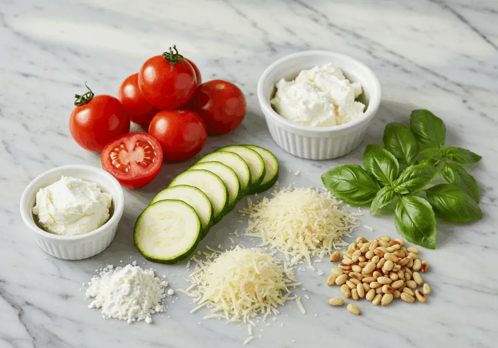 Ingrédients frais pour crumble aux tomates courgettes et chèvre