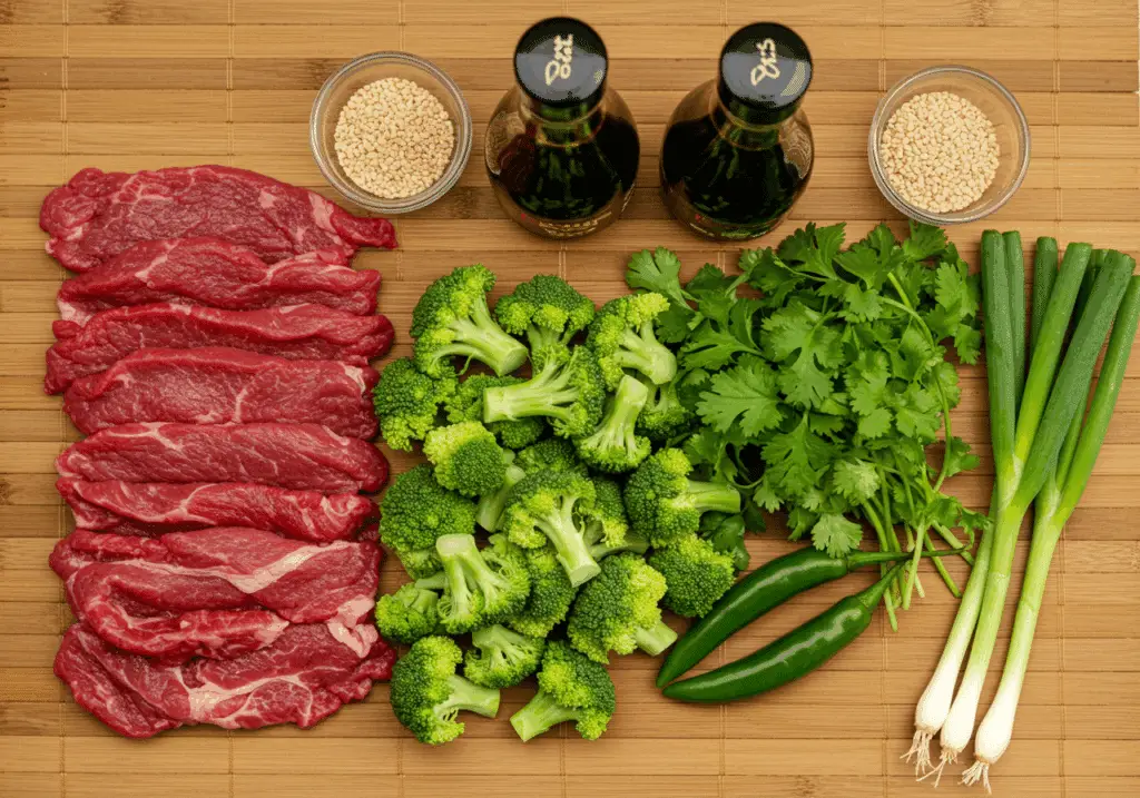 Ingrédients de l'émincé au brocoli disposés sur natte de bambou asiatique