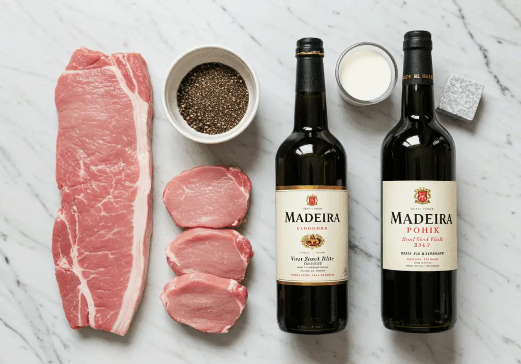 Ingrédients filet mignon porc poivre Madère disposés sur plan de travail marbre