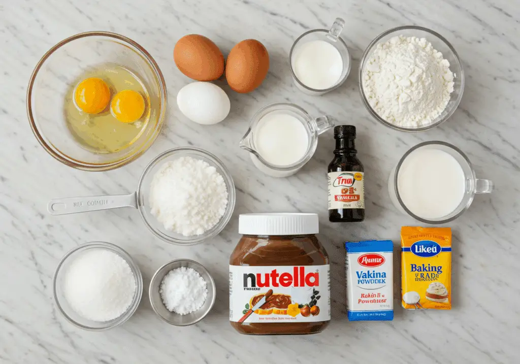 Ingrédients gâteau Nutella œufs farine sucre huile lait pot Nutella marbre