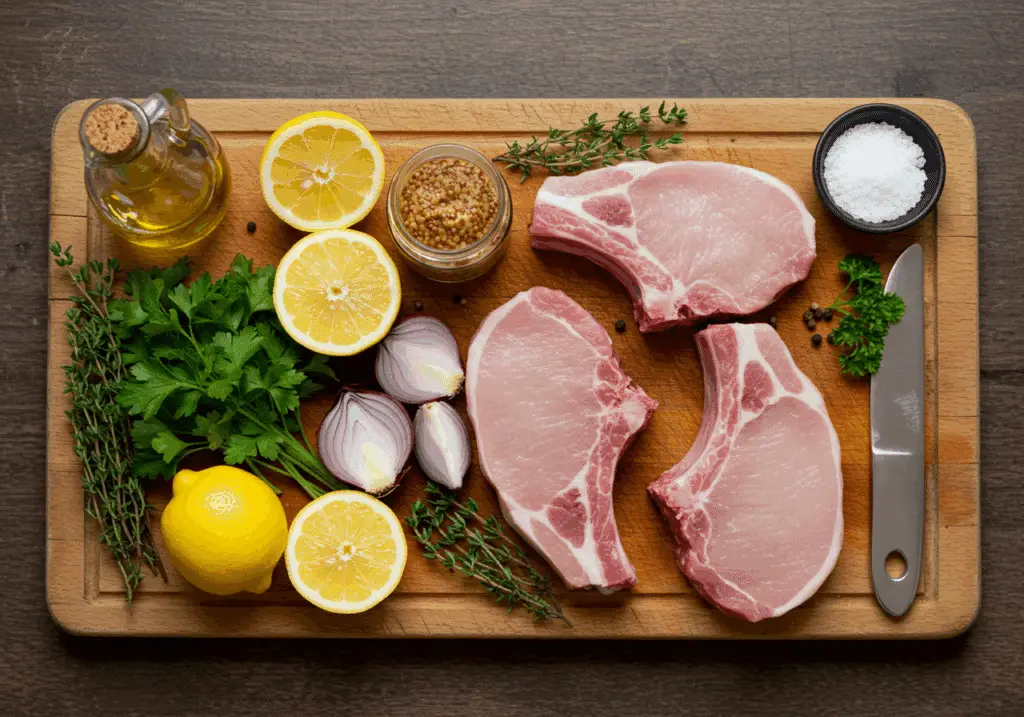 Ingrédients frais pour grillade de porc citron moutarde disposés