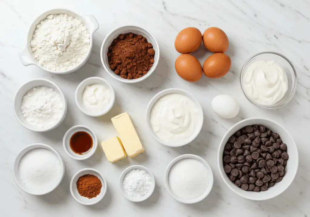 Ingrédients muffins yaourt chocolat œufs farine cacao pépites disposés marbre