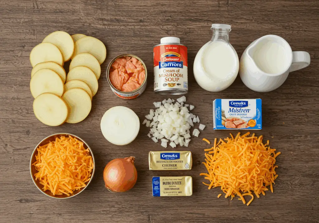 Ingrédients pâté saumon pommes terre conserve crème champignons fromage disposés bois