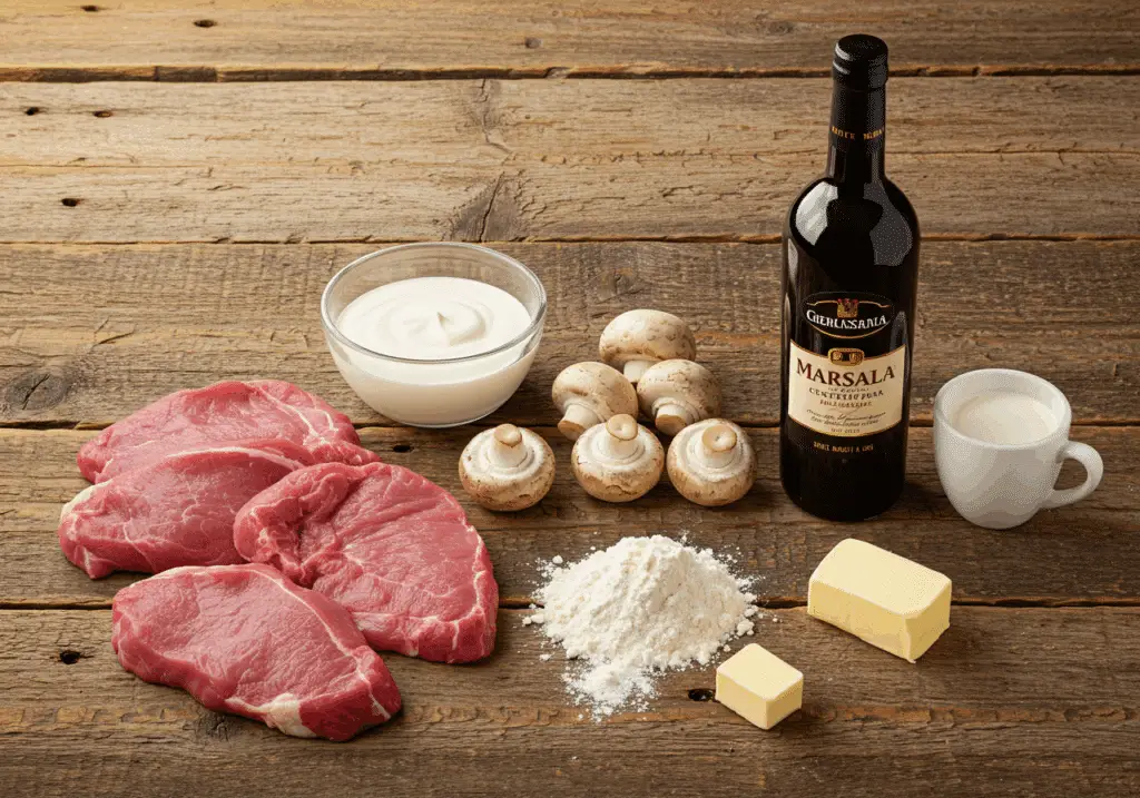 Ingrédients piccata veau escalopes champignons Paris Marsala crème beurre farine italien