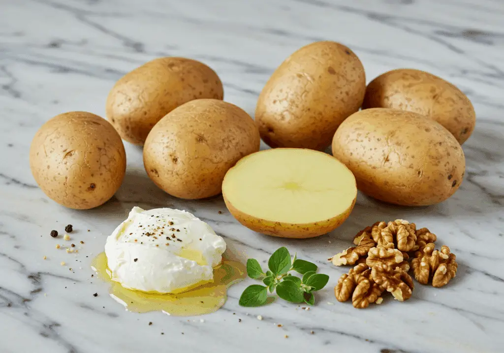Ingrédients pommes de terre chèvre miel noix concassées herbes sur marbre