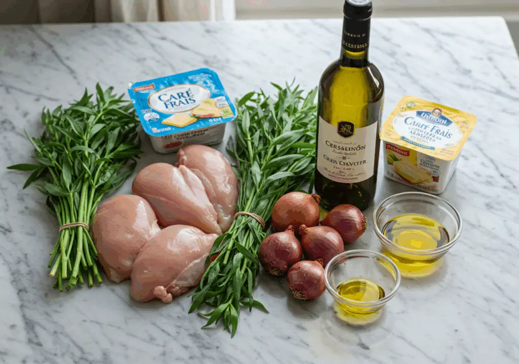 Ingrédients pour poulet au Carré Frais et à l'estragon disposés