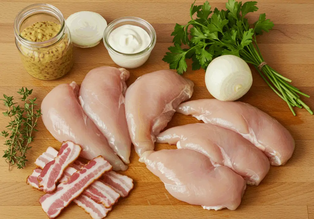 Ingrédients émincés poulet lardons moutarde crème oignon herbes fraîches