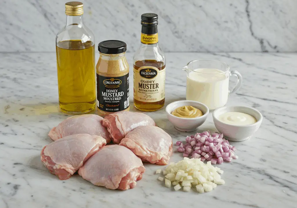 Ingrédients frais pour cuisses de poulet au miel et moutarde