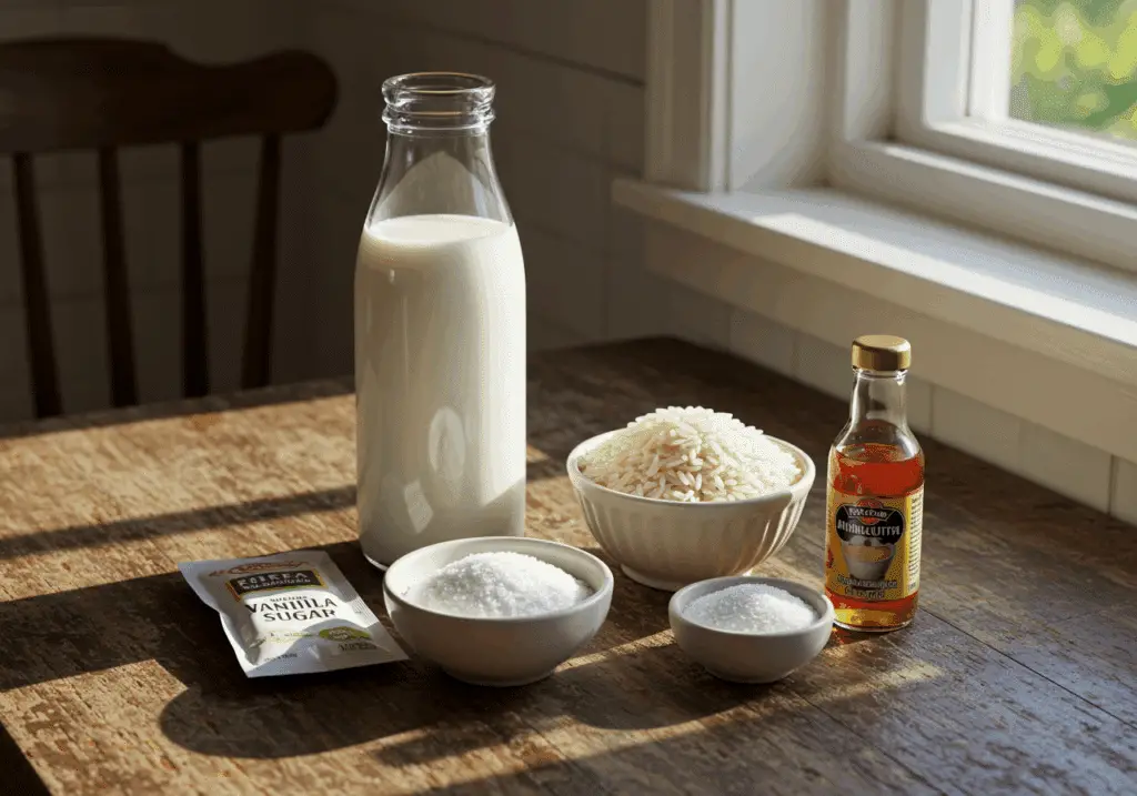 Ingrédients riz au lait caramel lait entier riz rond sucre vanille