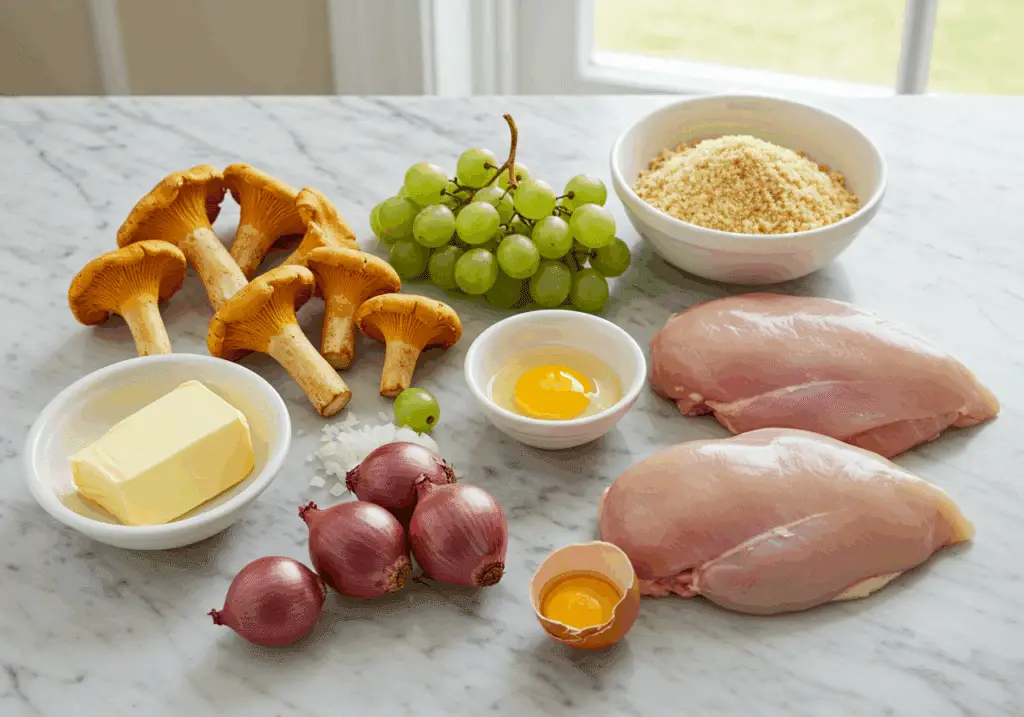 Ingrédients pour roulades de poulet aux girolles disposés harmonieusement