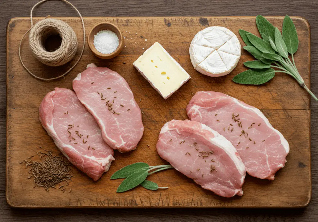 Ingrédients pour roulés de filet mignon au Camembert disposés sur planche bois