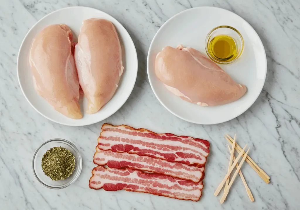 Ingrédients roulés poulet escalopes bacon herbes Provence huile olive piques